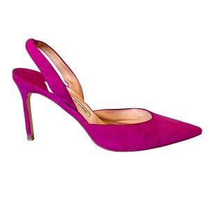 Manolo Blahnik Carolyne Suede Mid-Heel Slingback Heels, size 38.5, Pink